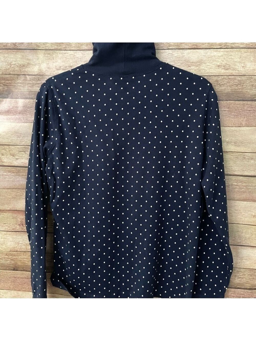 LL Bean Womens Dark Blue Polka Dot Turtleneck Long Sleeve Cotton Top Size Medium - Picture 6 of 6